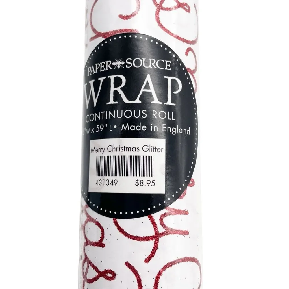 NWT Paper Source Merry Christmas Script Glitter Wrapping Paper Roll 27.5”x59”